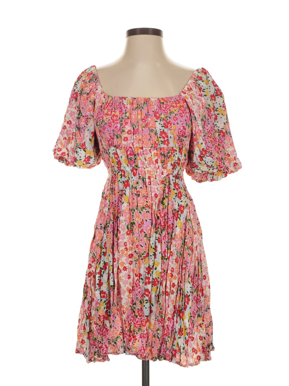ANGIE Pink Floral Puff-Sleeve Summer Dress